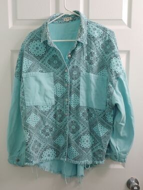 POL Blue Paisley Twill Shirt Oversized Button Front Jacket Women's Size M